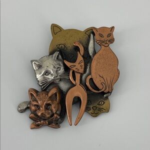 Vintage Mixed Metals Cat Collage Brooch Pin, Pewter/Brass/Copper Tones